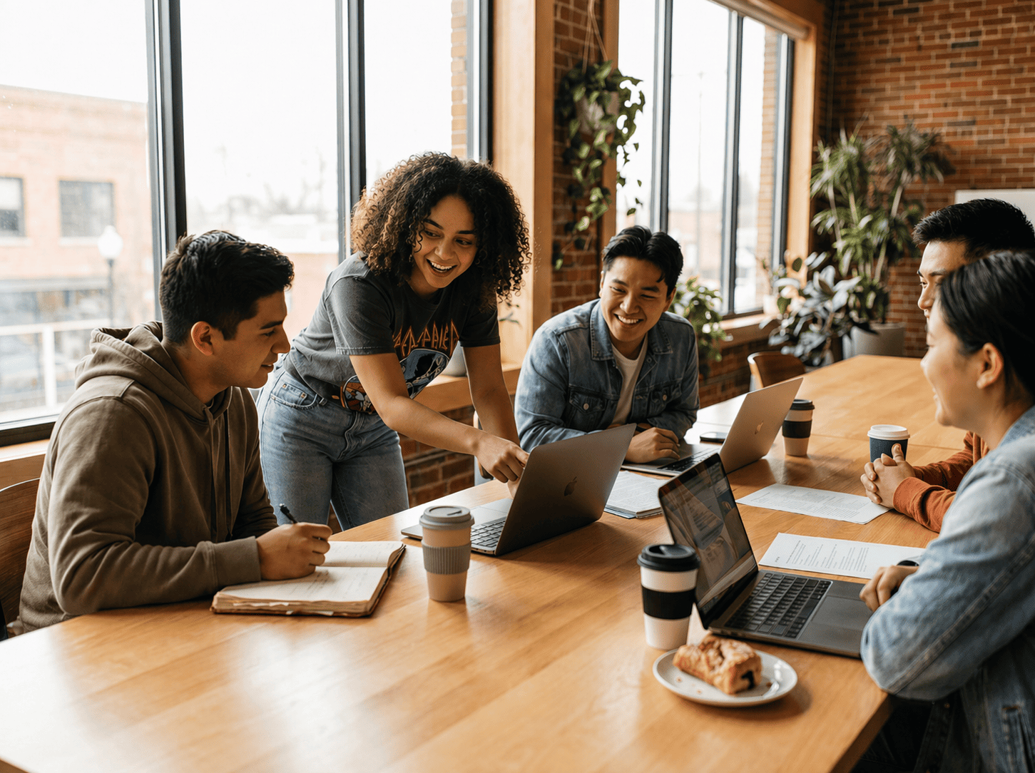 Young adults working together around a laptop